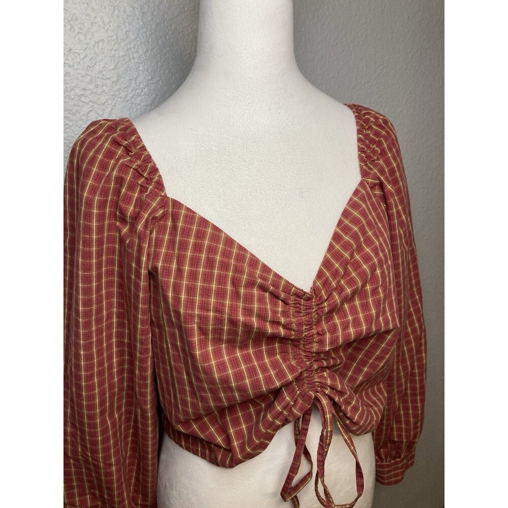 Levis Crop Top Blouse XL Red Cotton Plaid Puff Sleeve Smocked Milkmaid Boho Y2K - Picture 2 of 11